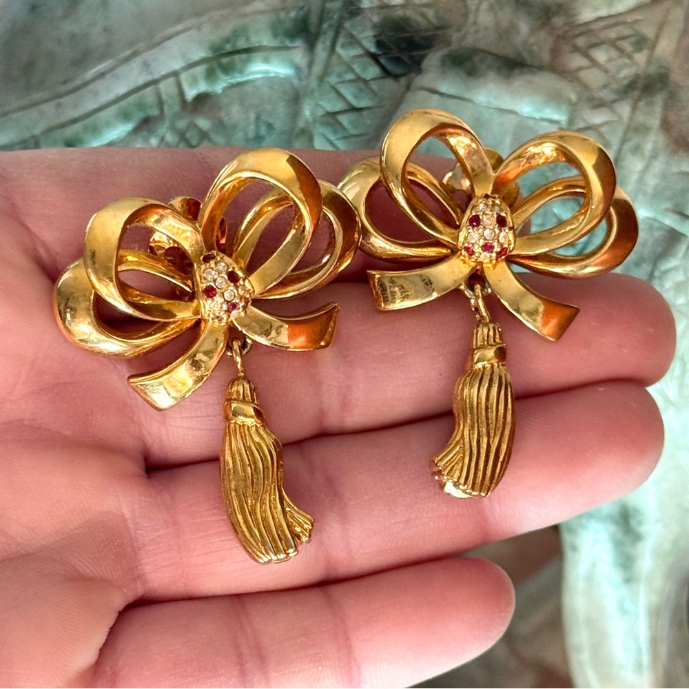 Vintage Gold Tone Bow & Tassel Drop Earrings with Red and Clear Rhinestones